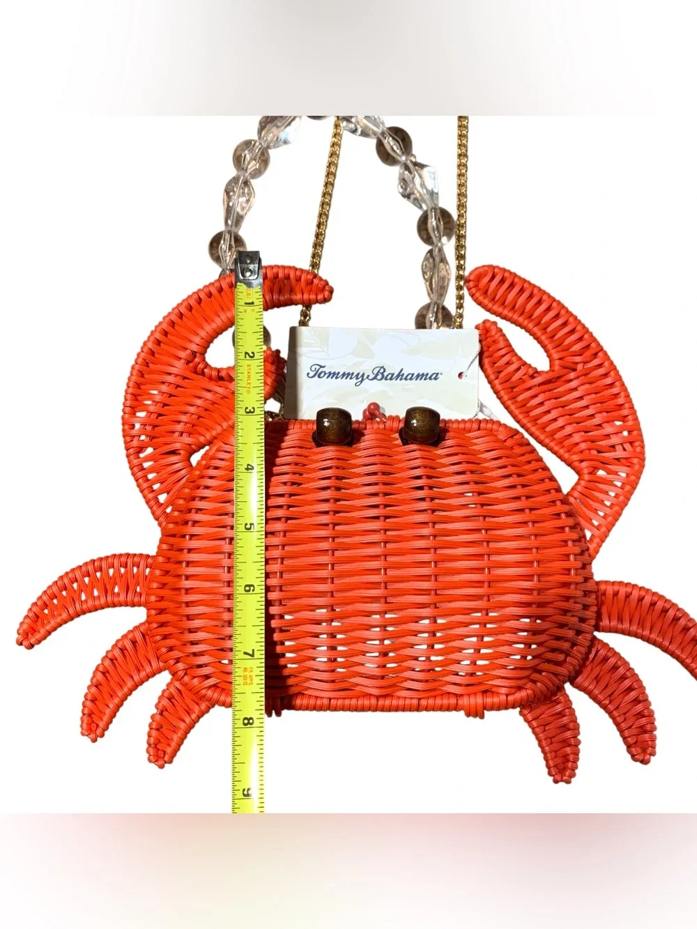 Tommy Bahama Red Crab Woven Straw Wicker Bag Gold Chain Crossbody & Clear Beads - Picture 7 of 7